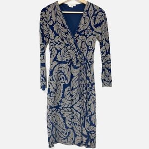 Boden Faux Wrap Midi Dress Navy and Gray Design Stretch Jersey Knit Size 6L